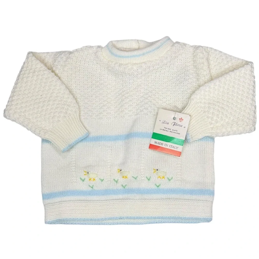 Vintage Zia Flora Italy Knit Sweater Baby 3-6 Months Embroidered Ducks Cute Cozy
